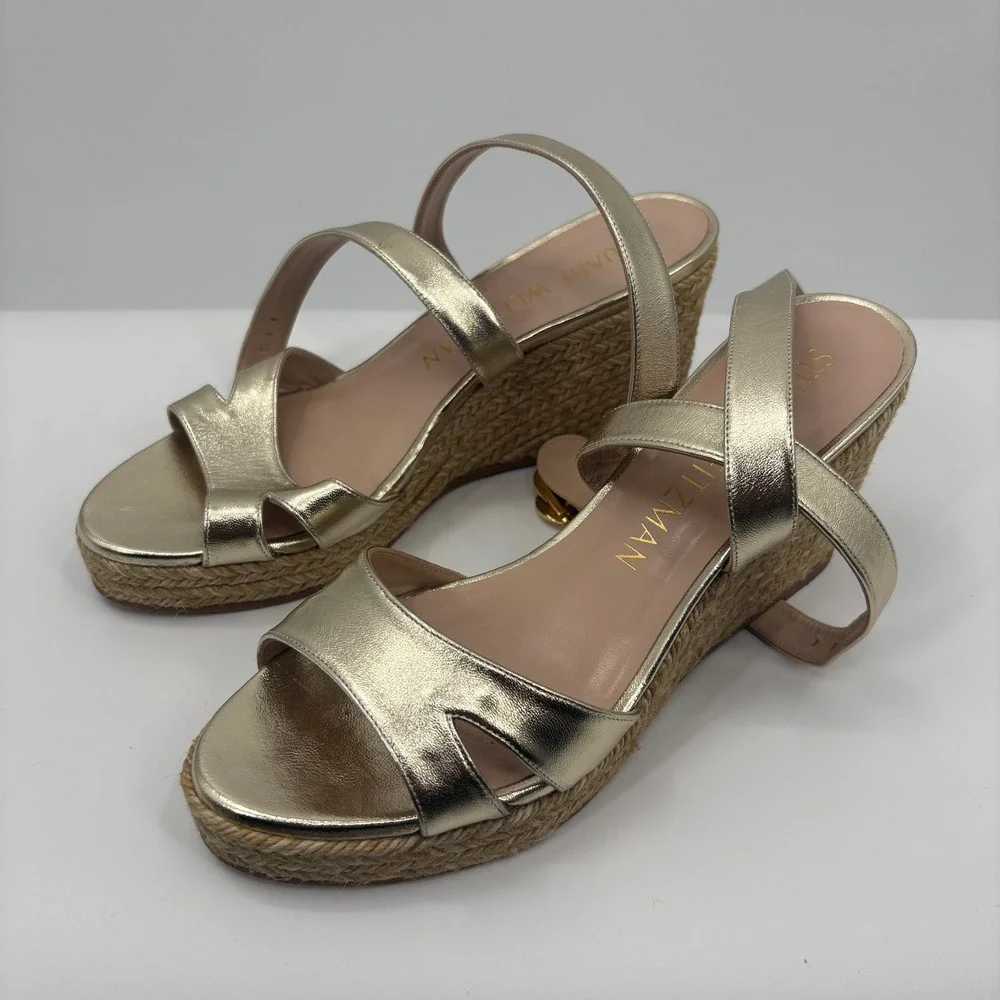 Stuart Weitzman Metallic Gold Leather Espadrille Strappy Wedge Sandals Womens 9